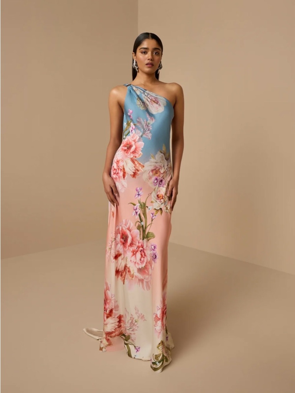 One-Shoulder Floral Gradient Evening Dress - Blue & Peach